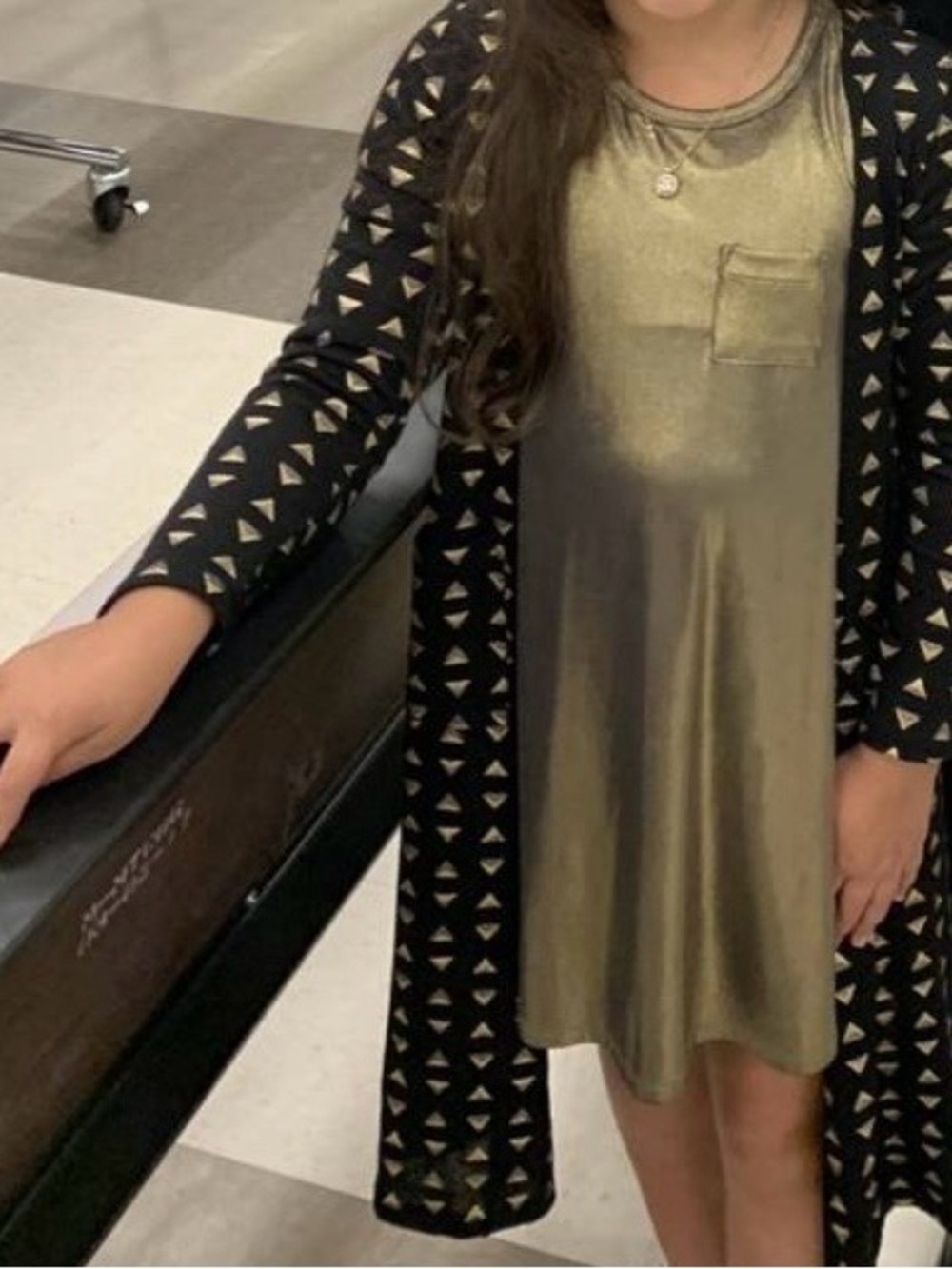 Girls Metallic Gold Pocket High Low Swing Dress and Sweater